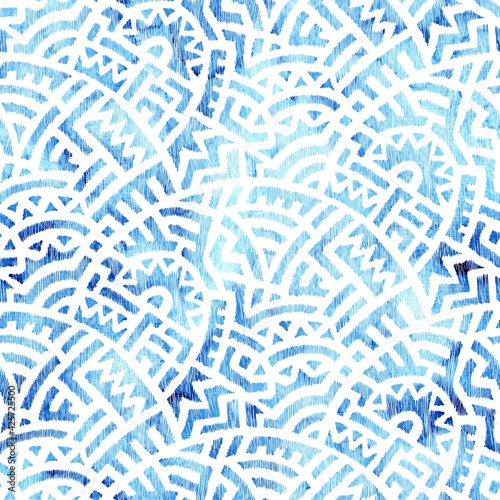 White and blue seamless pattern. Embroidered geometric watercolor print. Ethnic and tribal motives. Seigaiha watercolor ornament. Vector illustration.