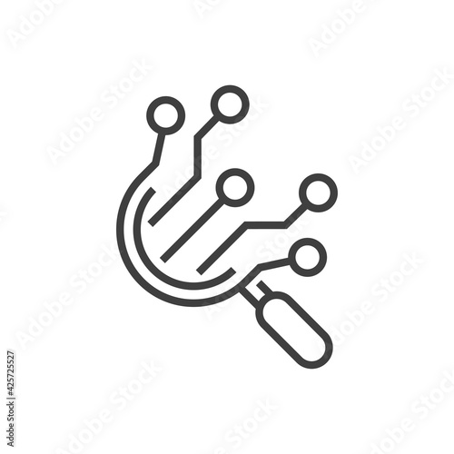 Tecnología electrónica. Circuito digital con forma de lupa con lineas de color gris	