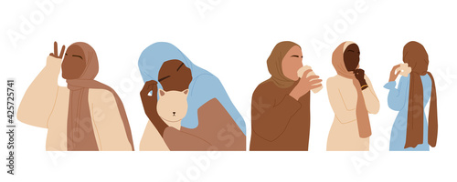 A set of abstract portraits of multi ethnic women in hijab. Muslim faceless female.