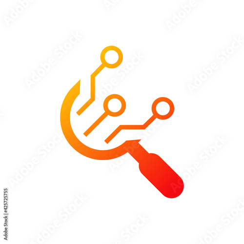 Tecnología electrónica. Circuito digital con forma de lupa en color naranja