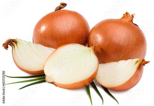 onion with slice and green onion isolated on white background. full depth of field. clipping path