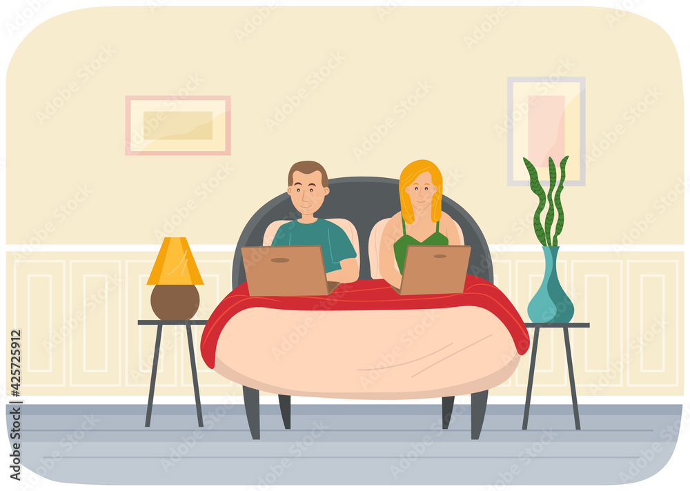Couple man and woman lying on bed, holding laptops. Relaxing at home with social media network