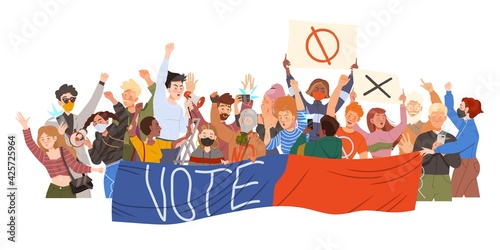 Crowd of Protesting People Characters Holding Banners and Shouting in Megaphone Vector Illustration