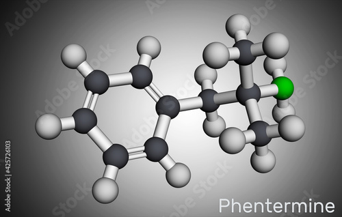 Phentermine, molecule. It is natural monoamine alkaloid derivative, sympathomimetic stimulant with appetite suppressant property. Molecular model. 3D rendering photo