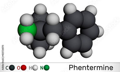 Phentermine, molecule. It is natural monoamine alkaloid derivative, sympathomimetic stimulant with appetite suppressant property. Molecular model. 3D rendering. photo