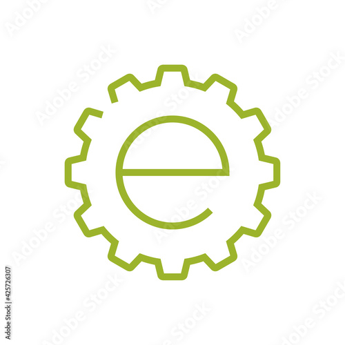 Industria ecológica. Engranaje con letra e con lineas en color verde