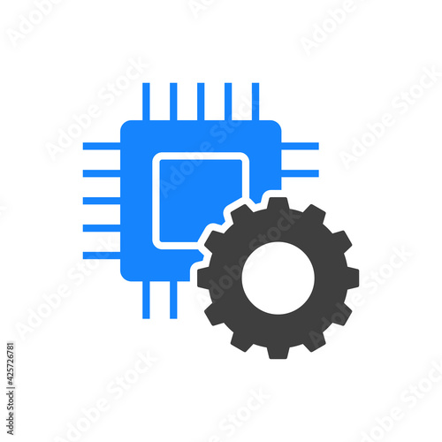 Tecnología electrónica. Engranaje con procesador con circuito digital en color gris y azul