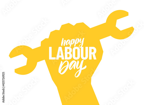 Silhouette of clenched fist with wrench, Poster with hand lettering composition of Happy Labour Day 1st of May