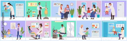 Set of illustrations about provision of medical services. Doctor working with patients in hospital