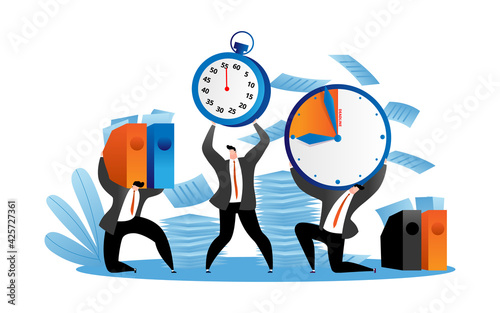 Manager hold deadline clock concept, vector illustration. Business people employee character work for time management. Cartoon office worker