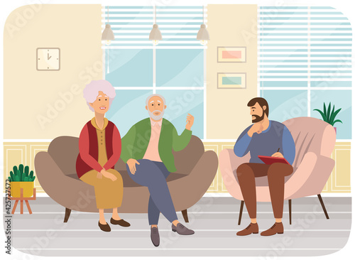 Psychiatrist consultation. Worried elderly pensioner couple man and woman on psychologist session