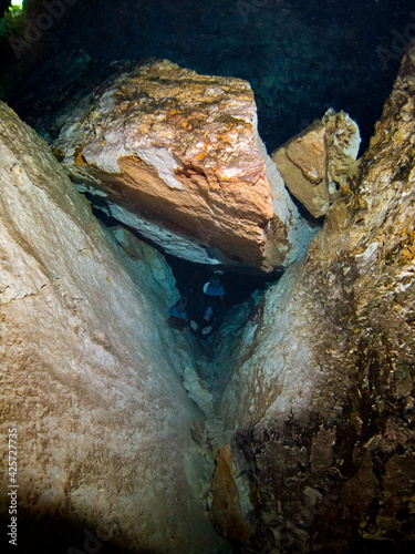 Scuba diving in a salactite underwater cave (Cenote Chikin Ha, Playa del Carmen, Quintana Roo, Mexico) photo