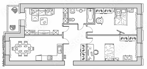 Planning of the apartment with arrangement furniture. Architectural drawing of the house (top view). Interior design  floor plan from above. Vector layout