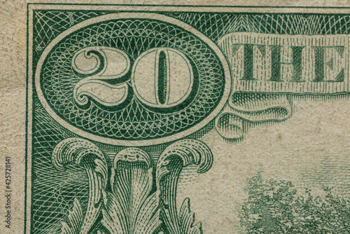 Twenty dollar banknote. USA money, USD currency. Closeup of cash banknotes. Federal Reserve USA