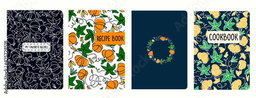 Cover page templates for recipe books based on seamless patterns with pumpkins. Headers isolated and replaceable