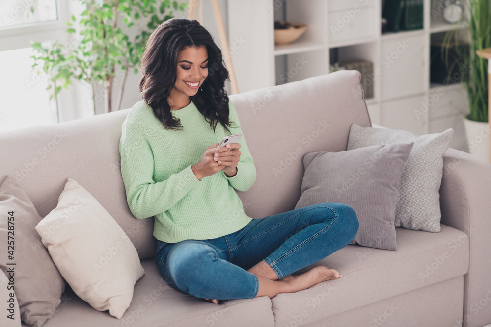 Portrait of attractive cheerful focused girl sitting on divan using device chatting browsing web in flat apartment indoor Portrait of attractive cheerful focused girl sitting on divan using device chatting browsing web in flat apartment indoor