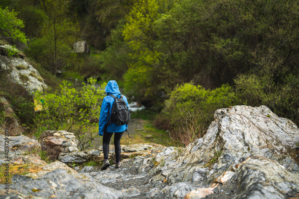 girl walking on the mountain while raining with vegetation
