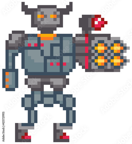 Mechanical man in iron armor, robot with built-in weapon. Pixelated character shoots rockets