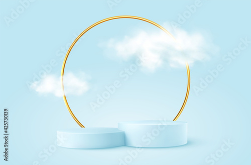 Realistic Blue product podium with golden round arch and clouds. Product podium scene design to showcase your product. Realistic 3d vector illustration