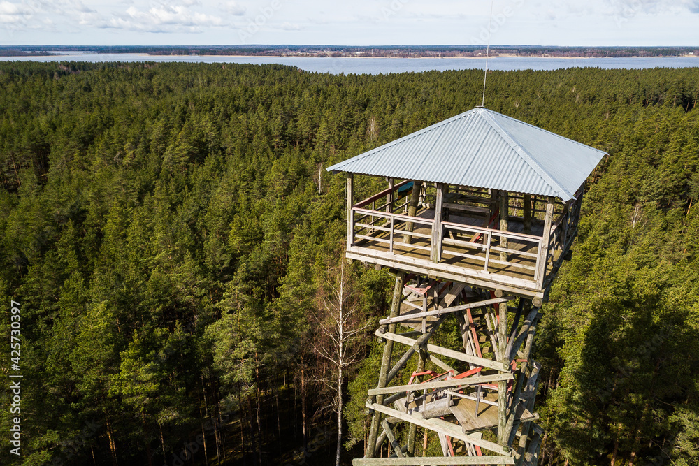 Udrkalna (Otter hill) watching tower near Usma lake, Latvia. Captured from above. Udrkalna (Otter hill) watching tower near Usma lake, Latvia. Captured from above.