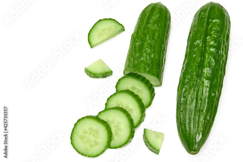 cucumber with slices isolated on white background. clipping path. top view