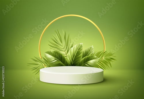 White product podium with green tropical palm leaves and golden round arch on green background. Background for product presentation. Vector illustration