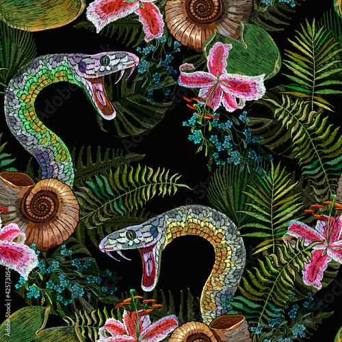 Embroidery snakes, palm leaves and tropical pink orchid flowers seamless pattern. Summer jungle art. Fashion template for clothes, textiles, t-shirt design