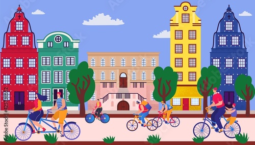 Bicycle parade on street, vector illustration. Sporting event on road, fun city holiday. Group young people having fun. Festive summer sports.