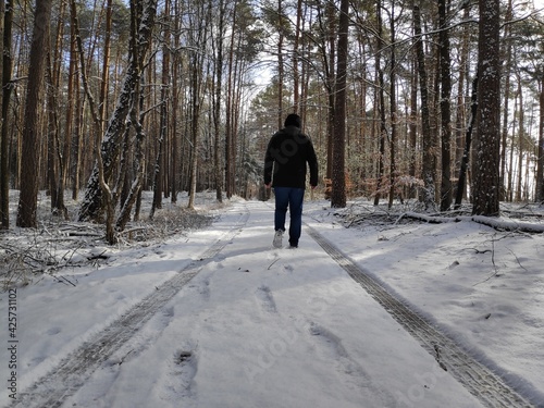 A man goes walking in woods on a snowy morning in Franconia in the northern part of Bavaria.