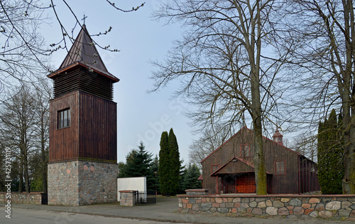 A place of religious worship. The bell tower with the Catholic Church of Our Lady of the Scapular built in 1958 in the village of old nuns in Podlasie, Poland