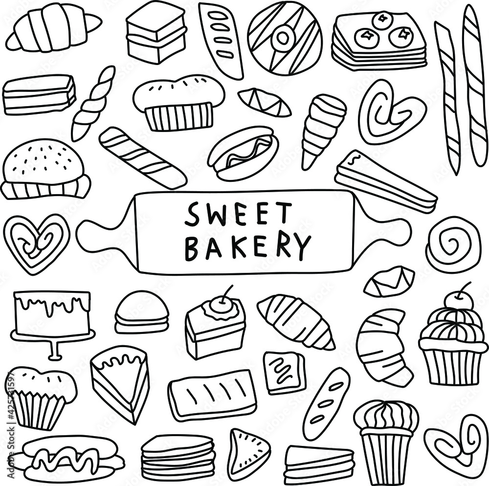 Bakery equipment and bread set in doodle art style on white background