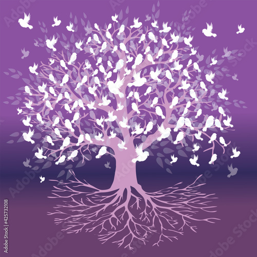A tree of life with white birds sitting on the branches and flying around the tree. The background is a purple gradient