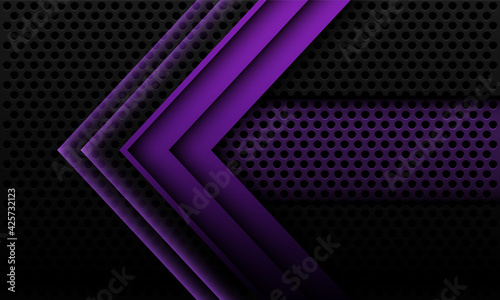 Abstract purple metallic arrow shadow geometric direction on black circle mesh with banner blank space design modern futuristic technology background vector illustration.