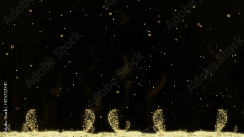 Shiny 3d background with golden flying hearts and glowing particles