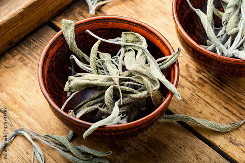 Obraz na plátně Dried salvia or sage on rustic wooden background