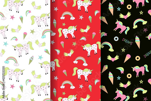 Set of three Seamless pattern of fairytale drawings and characters unicorn rainbow, clouds and heart, ice cream on a black, white and red background.