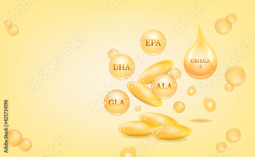 Omega 3 Organic Oil drop Yellow liquid droplet. Fish oil Vitamin droplet.
