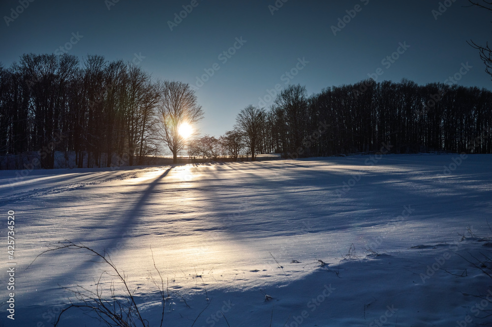 Winter landscape view in the sunset light at Lower Silesia, Poland
