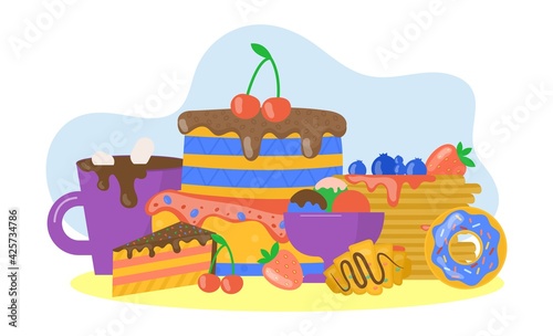 Food biscuit cake, dessert set concept, vector illustration. Cartoon sweet di...