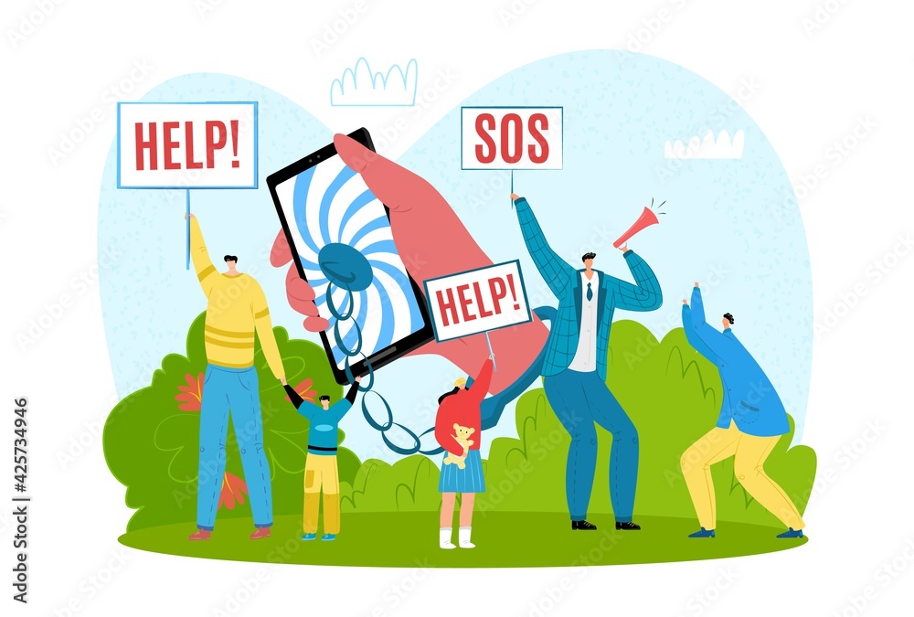 Obraz premium Digital addiction protest, flat modern lifestyle vector illustration. Man woman people need help from cartoon mobile, tablet device design.