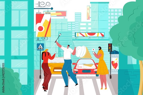 Digital addiction, man woman person character hold phone at city road, vector illustration. Flat street with internet addicted people use device.
