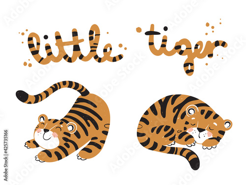 little tigers stretching and sleeping vector illustration
