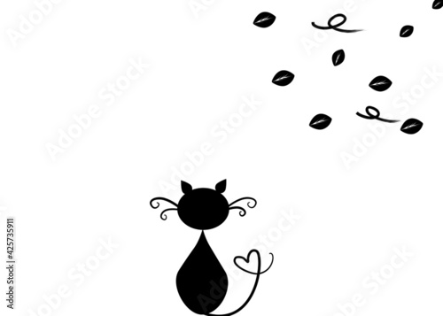 Drawing silhouette lonely cat with windy and dry leaves for alone , lonely and sadness concept blank space for writing the text 