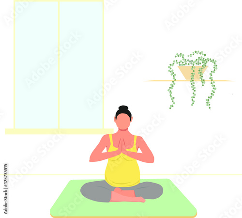 Vector illustration of a pregnant woman doing yoga. Pregnant girl practices Lotus Asana 