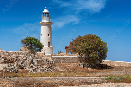 Paphos Lighthouse and old ruins of Kato Paphos Archaeological Park in Cyprus island