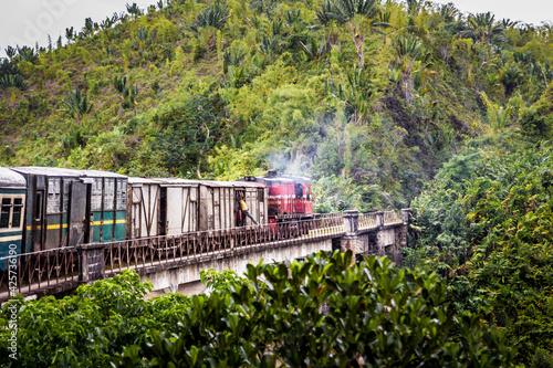 An Old train in Madagascar going through the jungle from Fianarantsoa to Manakara, A man gets to touch the bridge with his leg while the train is running.