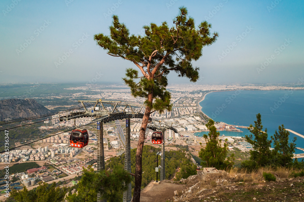 Panoramic view of the funicular, the sea and the city of Antalya. Turkey.