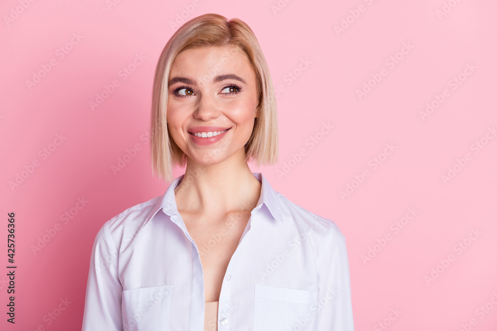Photo of dreamy charming pretty lady look empty space wonder idea imagination isolated on pink color background