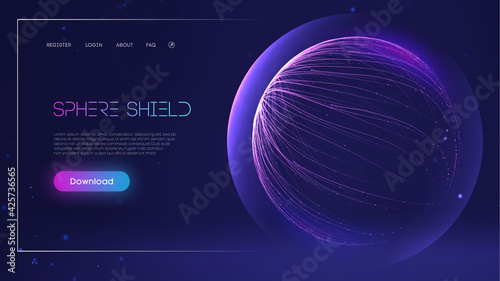 Sphere shield protect in abstract style. Virus protection bubble. Blue abstract antiviral futuristic technology background. 3d blue energy ball barrier illustration.