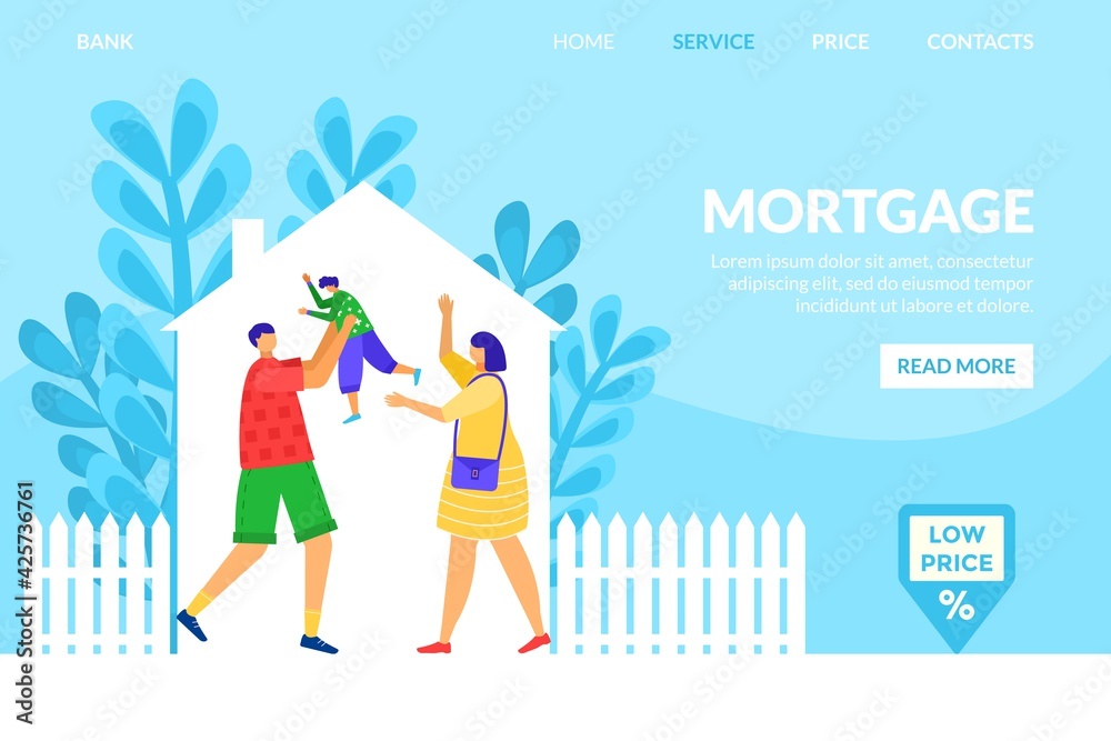 Family mortgage for home, real estate and house property, vector illustration. Man woman character take loan concept, landing banner.